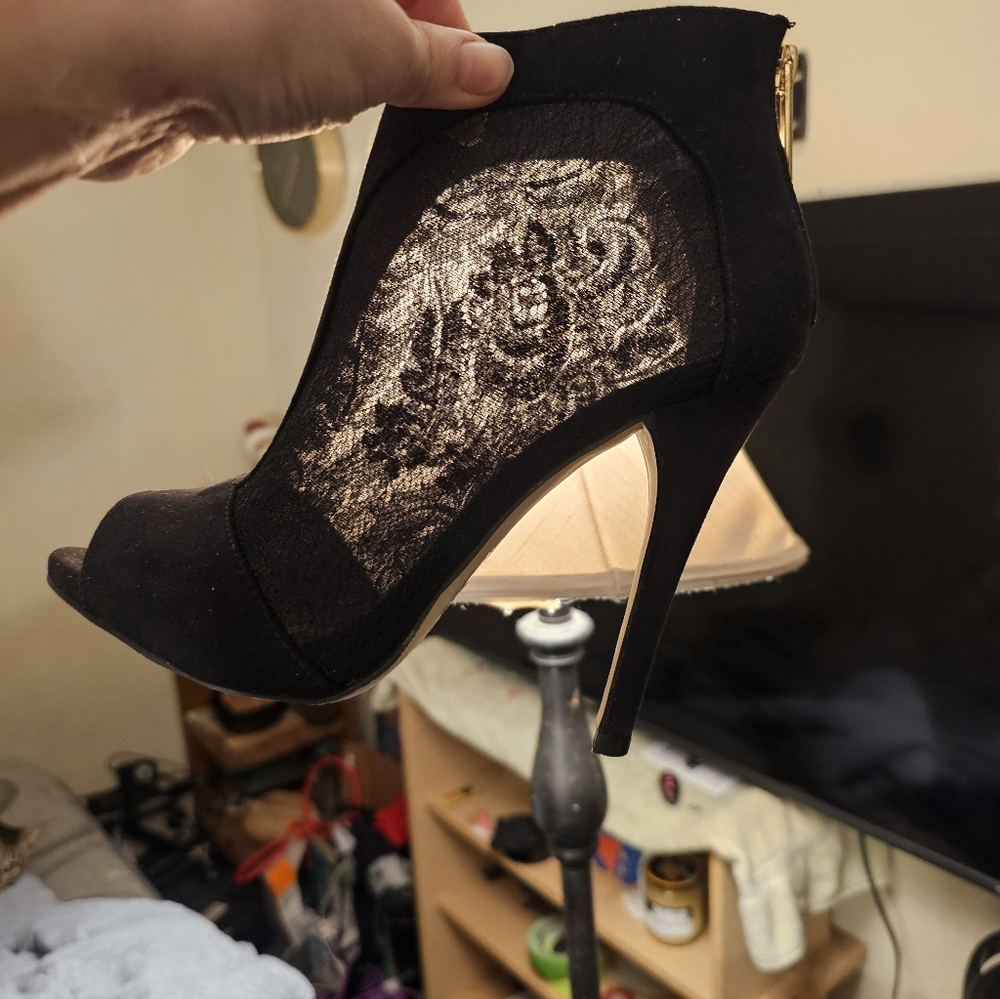 Aldo Black Lace Peep-Toe Stiletto Booties with Gold Heel Accent